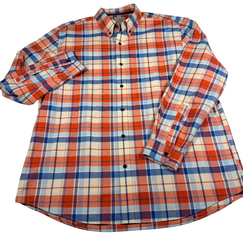 L.L. Bean Button Down Shirt Large Orange Blue Plaid Traditional Fit 506449